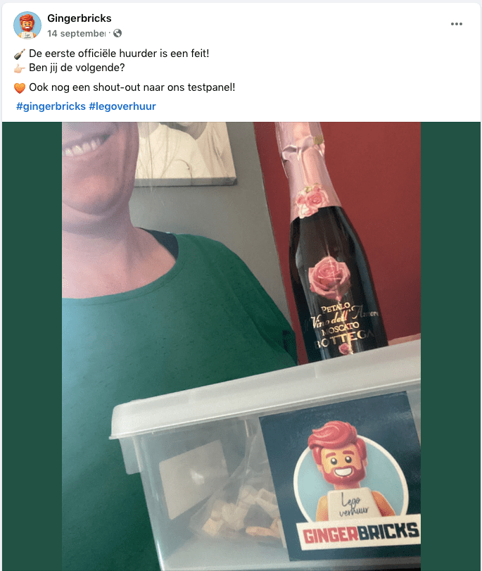 Gingerbricks webshop Facebook post eerste klant